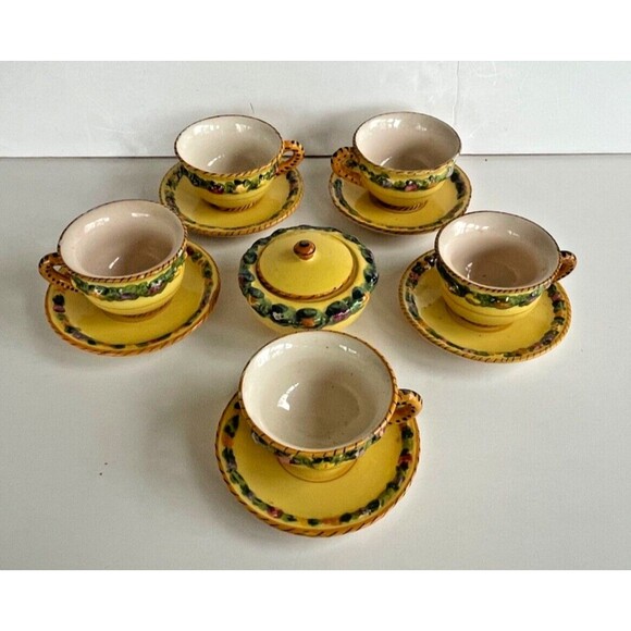Vtg BITOSSI Italy Della Robbia Coffee Set Cups Saucers Sugar Hand Painted Yellow - Picture 2 of 16